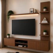 Mueble para TV 160 cm con Repisa LED y Estante Lateral | Oasis Nogal
