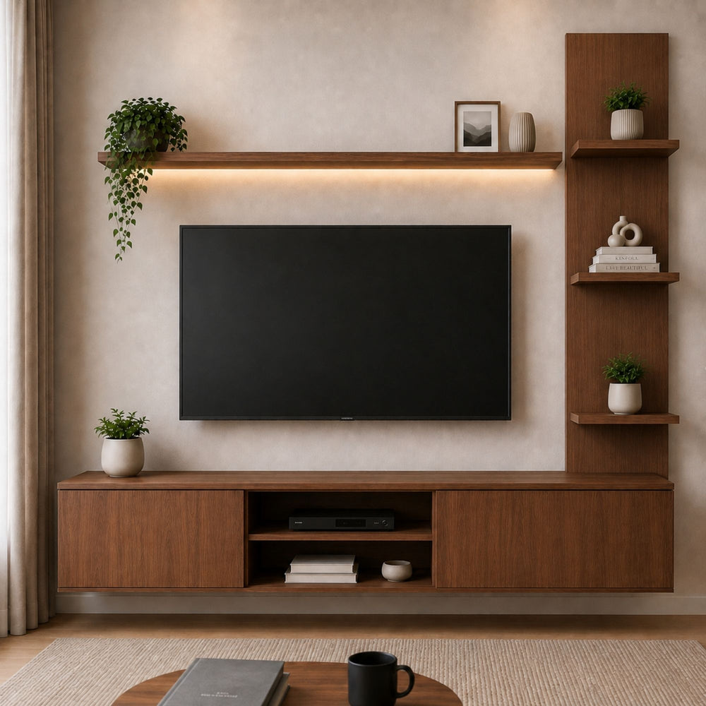Mueble para TV 160 cm con Repisa LED y Estante Lateral | Oasis Nogal