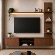 Mueble para TV 160 cm con Repisa LED y Estante Lateral | Oasis Nogal